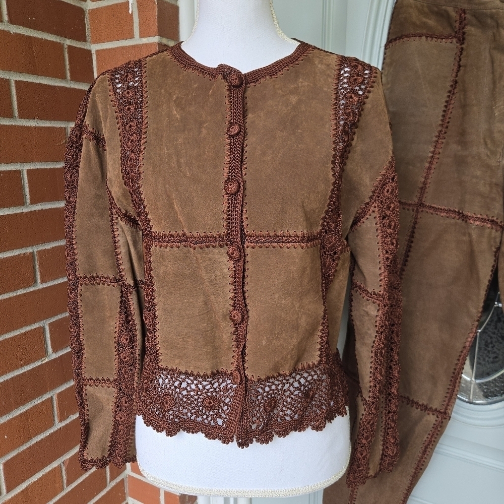 Vintage SMH Crochet Leather 2 Piece Jacket & Trouser Set - Picture 2 of 14